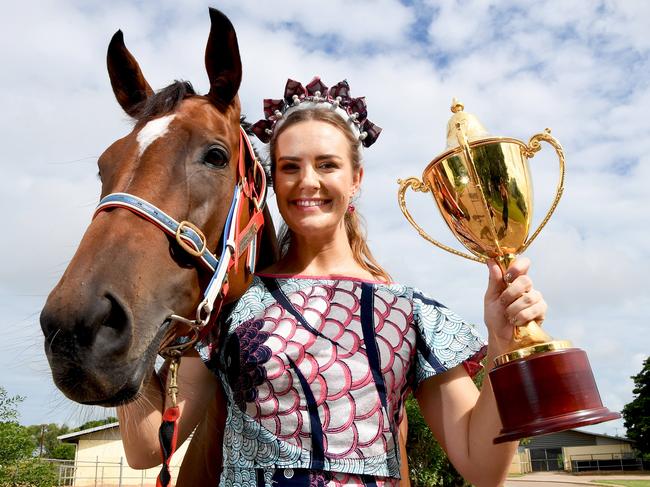 Hannah West, pictured with the horse she part owns, Dizzy Miss Lizzy, has been named as the Darwin Cup Carnival ambassador for 2021. Picture Katrina Bridgeford.