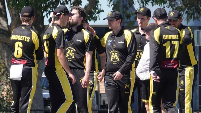 Cricket Southern Bayside: Mentone v Mordialloc at Mentone Reserve, Mentone. KMentone players celebrate a wicket. Picture: Valeriu Campan