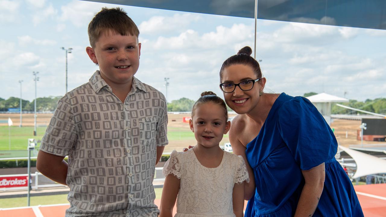 Dani Houghagen, Mason Houghagen and Scarlett Houghagen at the 2024 Darwin Guineas kicking off the Darwin Cup Carnival. Picture: Pema Tamang Pakhrin