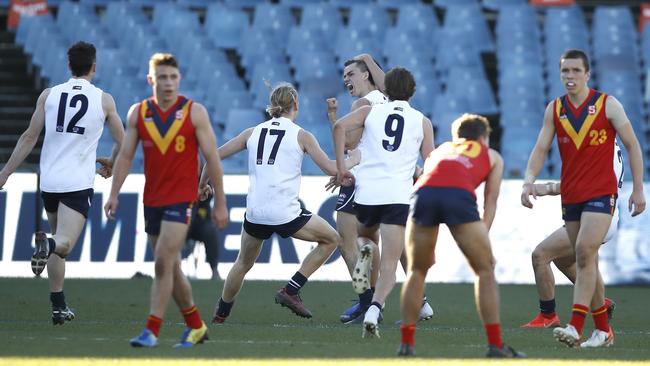 Vic Country’s Brodie Kemp of Vic Country celebrates his match winning goal against South Australia at GMHBA Stadium in Geelong, Australia. Picture: Dylan Burns/AFL Photos via Getty Images