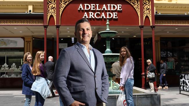 Adelaide Arcade general manager Andrew Jonats at its Rundle Mall entrance. Picture: Emma Brasier