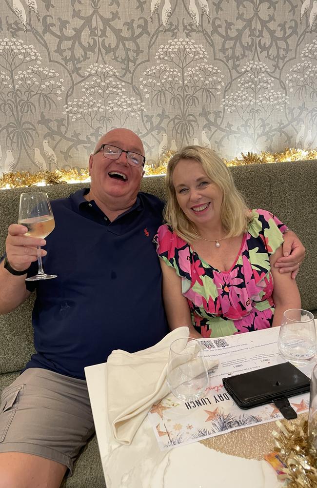 Louise and Gary Harper enjoying Christmas Day at Hilton Darwin, 2022. Picture: Annabel Bowles