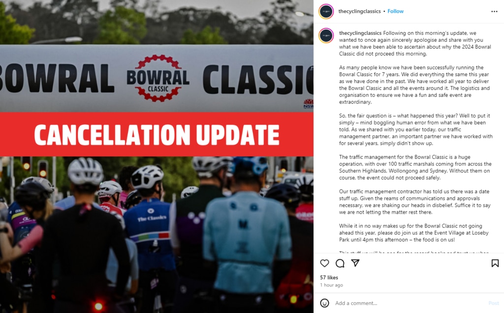 The Bowral Classic cancellation notice on Instagram, which affected almost 3000 riders.