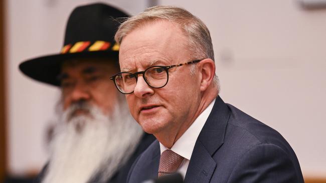 Anthony Albanese with Senator Patrick Dodson at a Referendum Working Group meeting in Canberra. Picture: NCA NewsWire / Martin Ollman