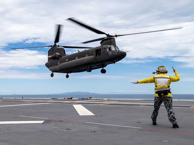 Republic of Singapore Air Force CH-47 Chinook Helicopter landing onboard HMAS Adelaide during Exercise Sea Wader 2020 off the coast of Townsville, Queensland.  Picture: Defence Dept