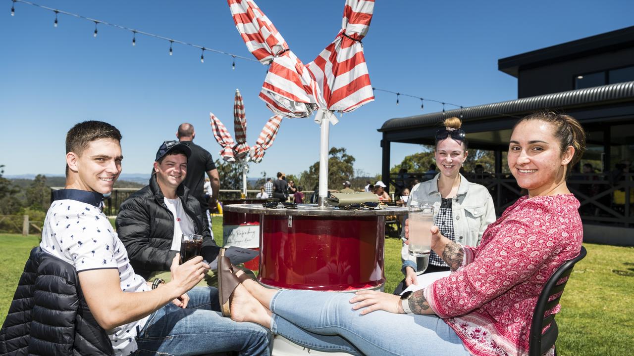 Enjoying being outside on opening weekend are (from left) Toby Adams, Tom Howe, Tayah Thornberry and Sabina Kotelnikova at Monty Brewing Co, Saturday, October 16, 2021. Picture: Kevin Farmer