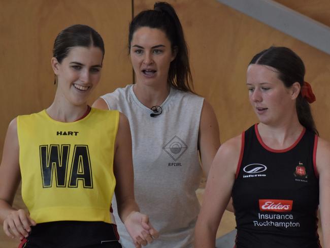 Sharni Norder (centre) with Rockhampton Grammar netballers Dominique Sleaford (left) and Martha Dingle.