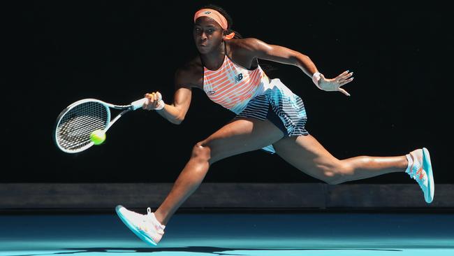 Coco Gauff of the US hits a return against Switzerland's Jil Teichmann in Melbourne on Tuesday. Picture: AFP