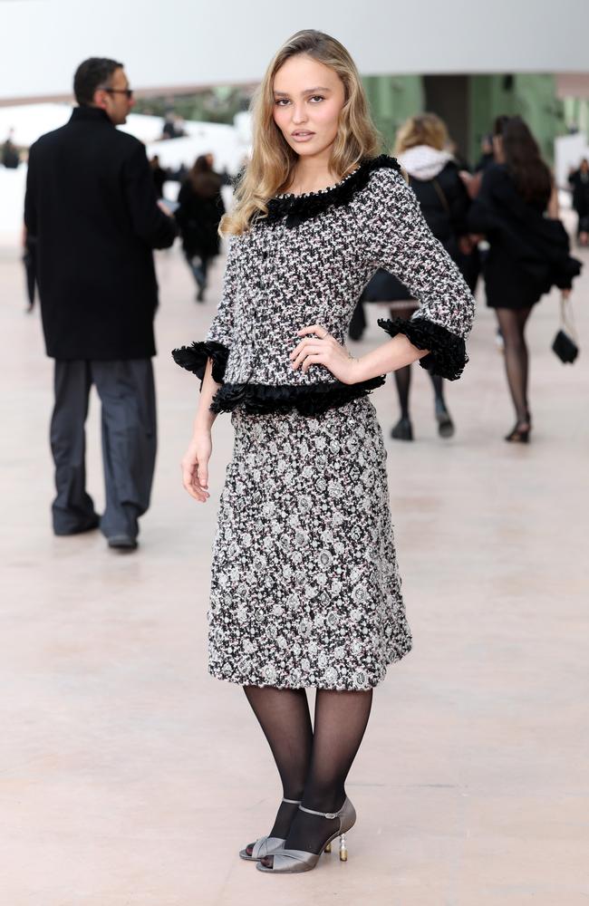 Nosferatu actress Lily-Rose Depp went for a demure look in classic Chanel tweed at the famous fashion house’s haute couture show. Picture: Pascal Le Segretain/Getty Images