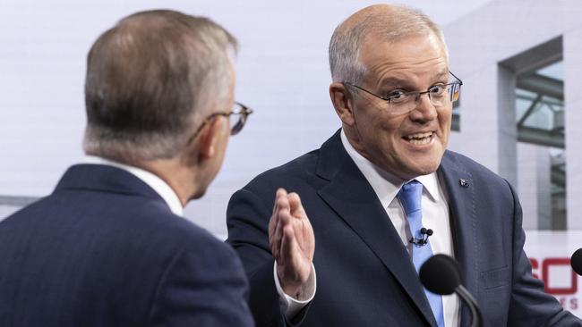 Australian Opposition Leader Anthony Albanese and Australian Prime Minister Scott Morrison during the second leaders' debate of the 2022 federal election campaign at the Nine studio in Sydney, NSW, on Sunday 8 May 2022. Photo: Alex Ellinghausen