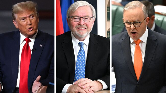 Likely Republican nominee Donald Trump, Australia's US Ambassador Kevin Rudd, and Prime Minister Anthony Albanese. Picture: AFP/AAP