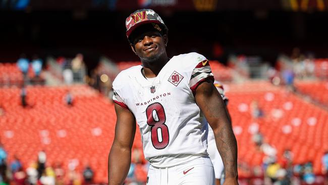 LANDOVER, MD - AUGUST 13: Brian Robinson #8 of the Washington Commanders looks on after the preseason game against the Carolina Panthers at FedExField on August 13, 2022 in Landover, Maryland. (Photo by Scott Taetsch/Getty Images)