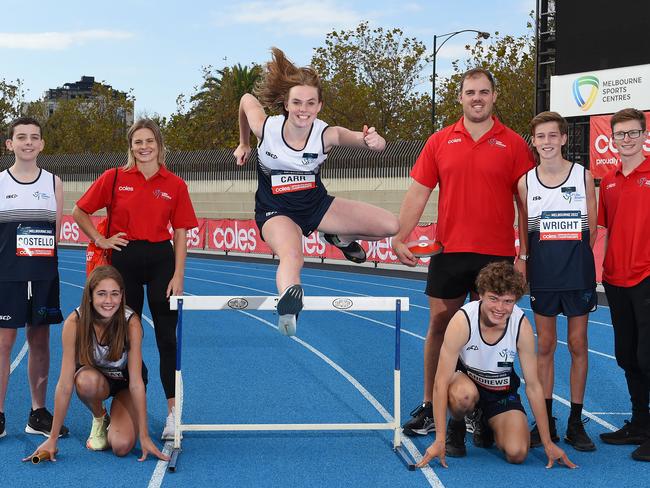 The Coles Australian Little Athletics Championships are back this weekend for the first time in three years, with a historic move to inclusion. From left, multi-class athlete Liam Costello, Madeline Tarabay, Nina Kennedy, Maddison Carr, Olympian Matthew Denny, Asher Andrews, Oscar Wright and Paralympian Jaryd Clifford. Picture: Josie Hayden