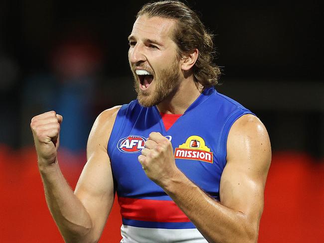 AFL Round 16. Western Bulldogs vs West Coast Eagles at Metricon Stadium. 05/09/2020...  Marcus Bontempelli, skipper of the Bulldogs celebrates the win as the final siren sounds  . Pic: Michael Klein