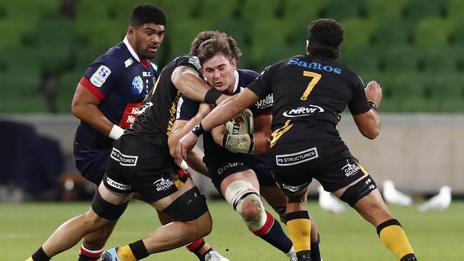 Richard Hardwick of the Rebels is tackled by the Western Force defence at AAMI Park. Picture: Getty Images