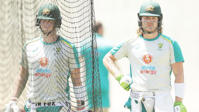 Will Pucovski, right, and Steve Smith of Australia prepare to bat during an Australian nets session at the Sydney Cricket Ground Picture: Getty Images