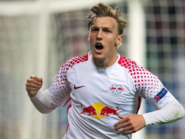 Leipzig's Swedish midfielder Emil Forsberg celebrates scoring