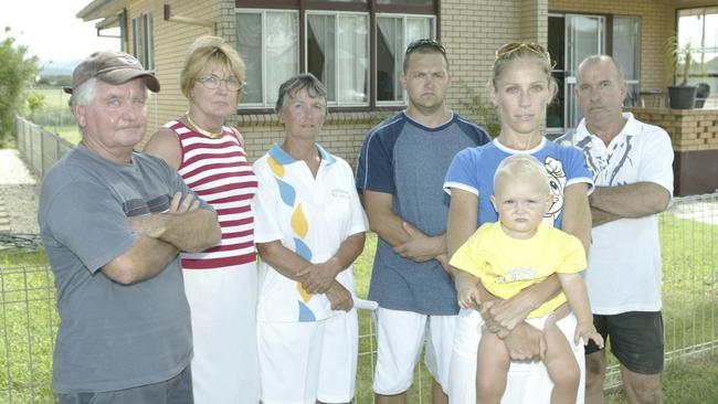 February 2004 - Bilinga residents Bill and Jan Bogan, Ada Roberts, Craig Wheeler, Carly Reid with son Braden and Rod Peters angry that their homes on Adina Ave would be resumed for the Tugun Bypass.