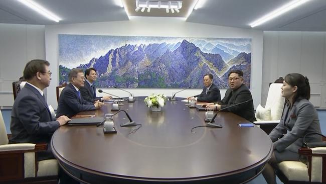 The two Korean leaders sat exactly 2018 millimetres from each other. Picture: South Korea Host Broadcast via AP