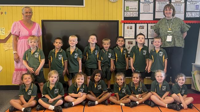 Sacred Heart Primary School, Cunnamulla Prep students (back row, from left) Charlie, Maverick, Tomas, Will, Jaylen, Max, Carter and Hudson and (front row, from left) Sally, Layla, Anderson, Lyla, Aaliyah, Alyiah, Isabelle and Charlotte with school officer Mrs Rebecca Fett (left) and teacher Miss Aimee Bretherton.