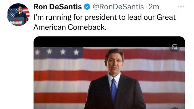 Ron DeSantis announces his 2024 presidential campaign via Twitter. Picture: AFP