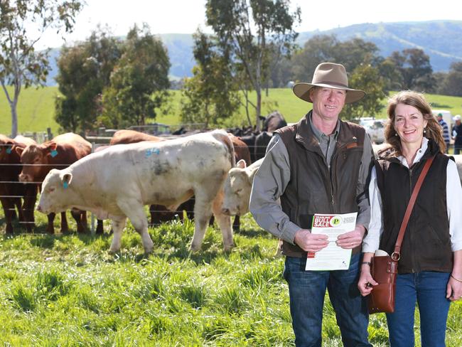 Shane and Lisa Creed from Murrindindi at the Paringa spring bull sale. Picture: Andy Rogers