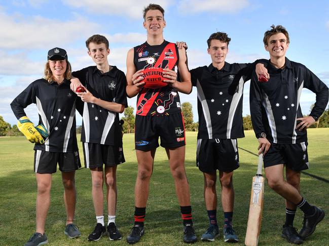 Kohan Hollitt, Jack Davidson, Riley Thilthorpe, Ben Kelly and Jaxon Pearson pose for a photograph at the Adelaide High School, Adelaide on Friday the 21st of February 2020. Riley is a star AFL player, playing for West Adelaide Football Club amongst his cricketing peers. (AAP/ Keryn Stevens)