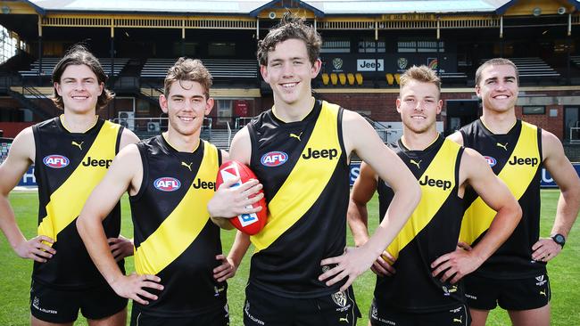 Richmond's new recruits (from left): Fraser Turner, Luke English, Riley Collier-Dawkins, Jake Aarts and Jack Ross. Picture: Getty Images