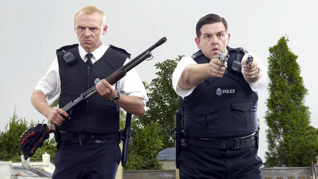 Actor Simon Pegg (L) and Nick Frost (R) in scene from Hot Fuzz.