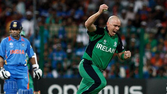 Trent Johnston celebrates a wicket during the World Cup against India.