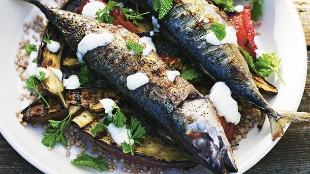 Grilled mackerel with barley, eggplant and garlic yoghurt.