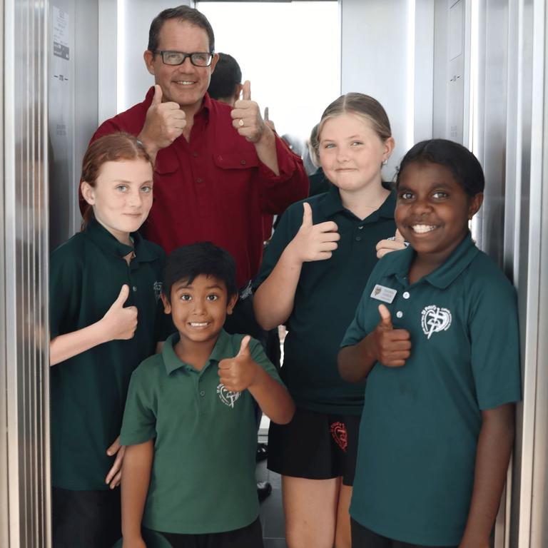 Member for Solomon Luke Gosling with students in the new elevator. Picture: supplied