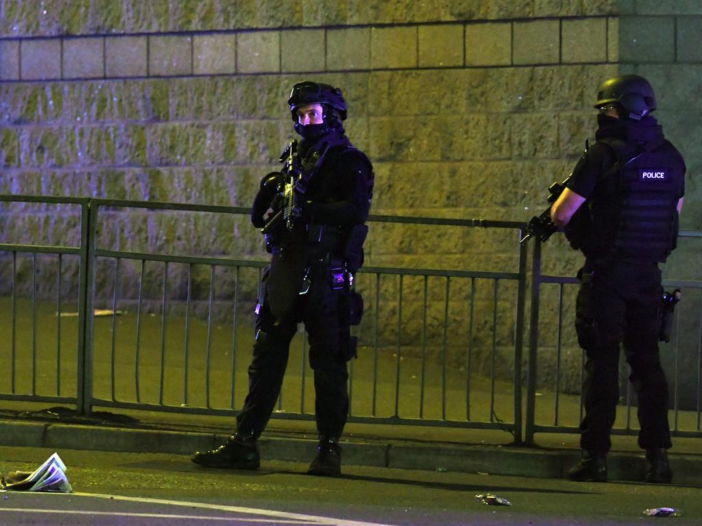 Police deploy at scene of a reported explosion during the Ariana Grande concert in Manchester, England, Picture: AFP