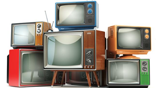 Heap of retro TV sets isolated on white background. Communication, media and television concept. 3d illustration