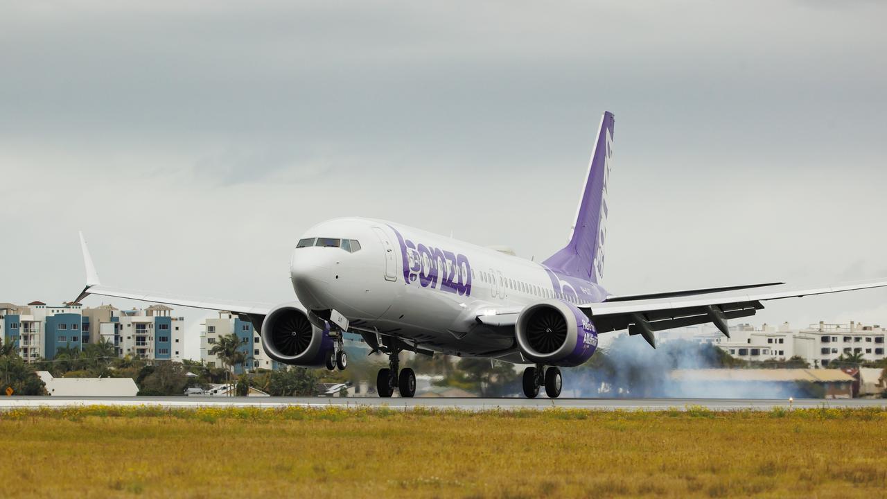 Bonza's first 737 MAX in Australia touches down at Sunshine Coast airport on Monday morning. Picture Lachie Millard