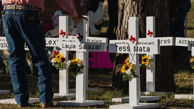 Crosses bearing the names of the victims of the Robb Elementary School mass shooting seen in Uvalde, Texas. Picture: Jordan Vonderhaar/Getty Images/AFP.