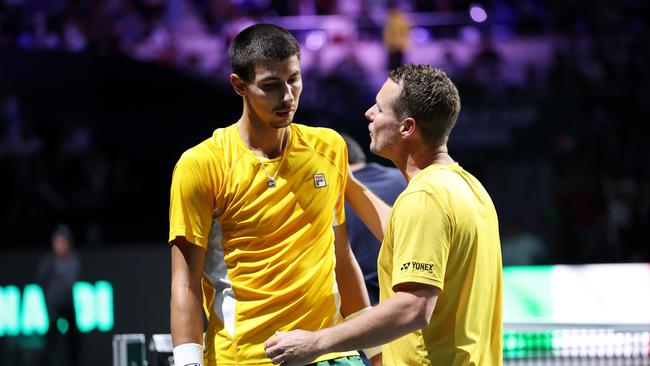 Popyrin is consoled by Hewitt after his defeat to Arnaldi last year. Picture: Getty