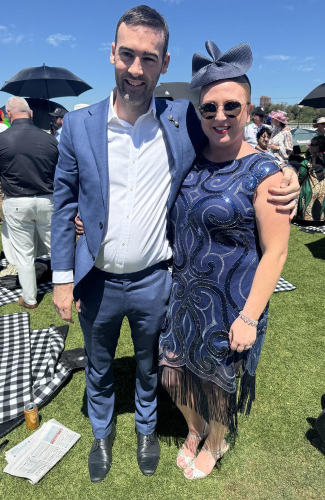 Cameron Webster and Kate Webster at the Melbourne Cup at Flemington Racecourse on November 5, 2024. Picture: Phillippa Butt