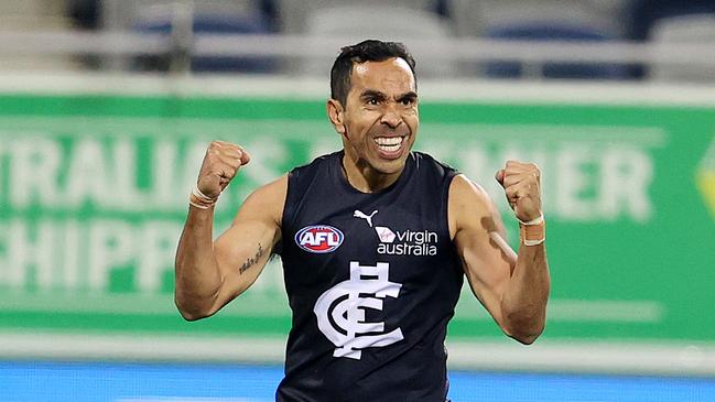 Eddie Betts celebrates a goal during Carlton’s first-quarter dominance.