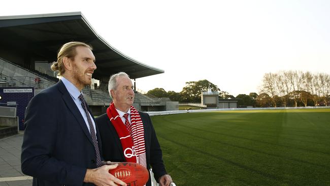 LRT with his former teacher and Shore School sports master Mark Ticehurst at The Shore school oval in Northbridge. Picture: John Appleyard.