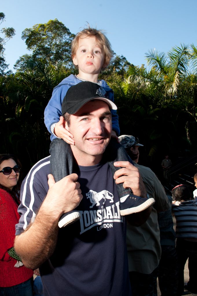 Luke Hammond and his son Oliver at Bindi Irwin's 14th birthday party at Australia Zoo. Picture: Warren Lynam