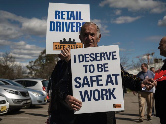 Truck drivers protested outside ALDI stores in 2017, accusing the supermarket giant of endangering driver safety through their contracts. ALDI took the Transport Workers’ Union to court over the campaign. Picture: Perry Duffin)