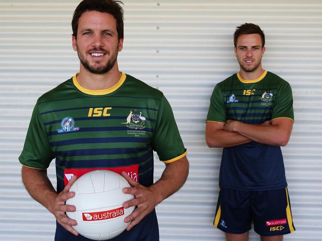 Travis Boak and Brodie Smith pose before the Australian International Rules AFL team training session.