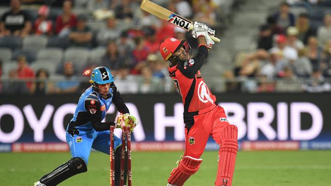 Mohammad Nabi of the Renegades is bowled by Liam O'Connor of the Strikers. Picture: AAP