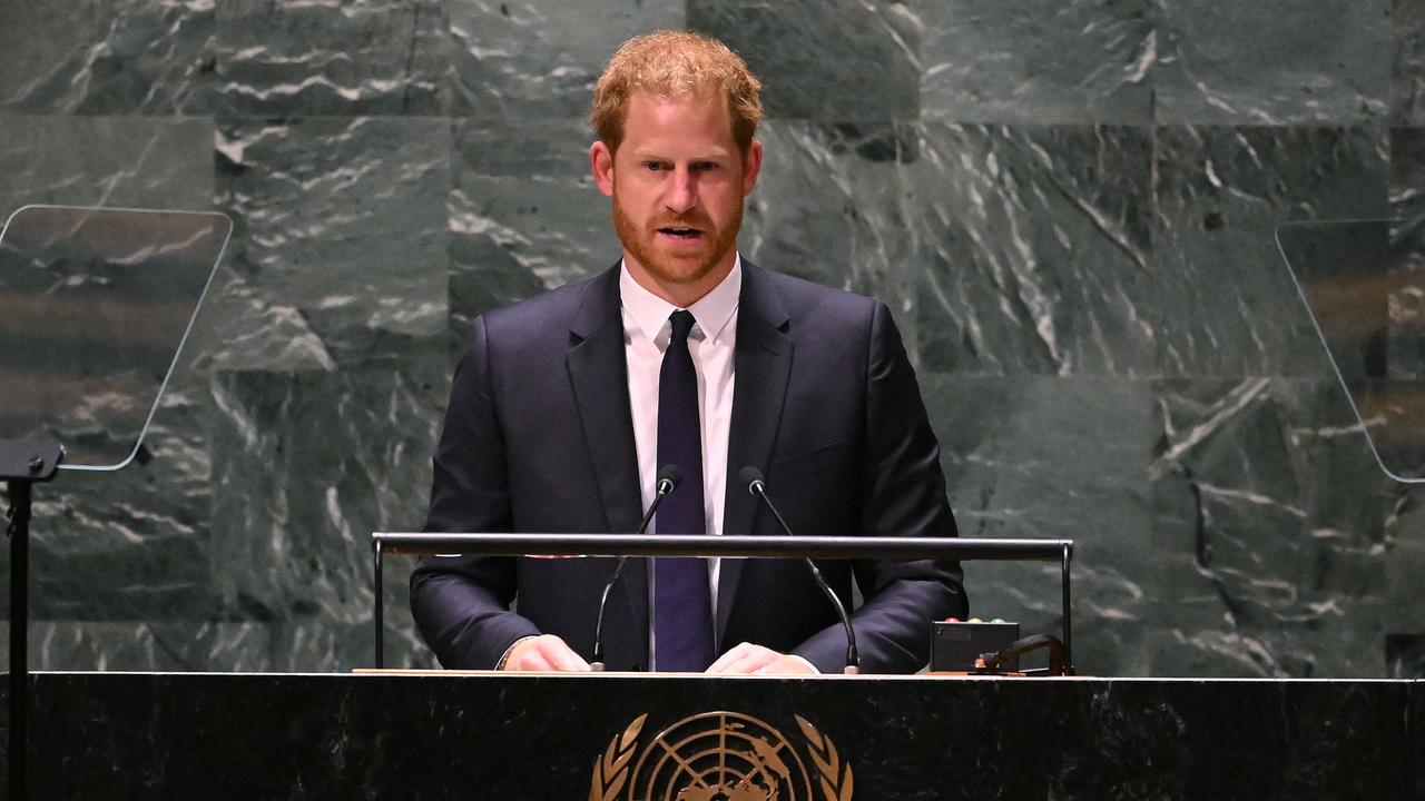 Prince Harry, Duke of Sussex, delivers the keynote address during the 2020 UN Nelson Mandela Prize award ceremony at the United Nations in New York on July 18, 2022. (Photo by TIMOTHY A. CLARY / AFP)