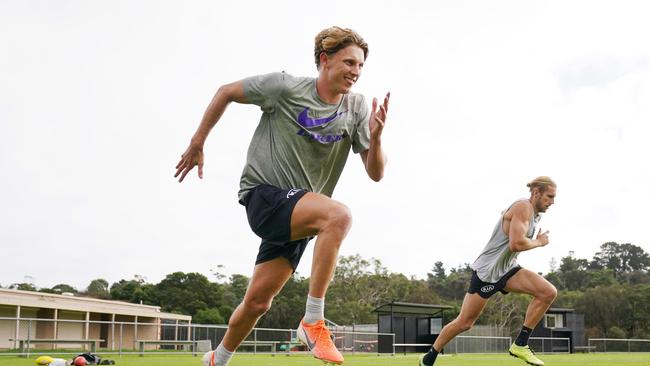 Lachie Whitfield and Nick Haynes of the Giants during a training session at Mount Martha. Picture: AAP Image/Michael Dodge