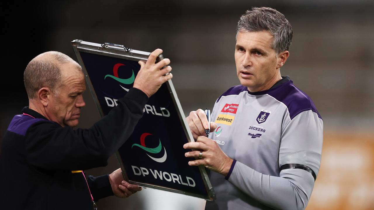 SYDNEY, AUSTRALIA - JUNE 17: Dockers head coach Justin Longmuir looks on during the round 14 AFL match between Greater Western Sydney Giants and Fremantle Dockers at GIANTS Stadium, on June 17, 2023, in Sydney, Australia. (Photo by Matt King/AFL Photos/via Getty Images )