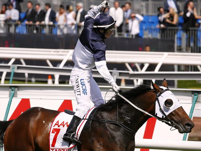 Craig Newitt celebrates his authoritative victory aboard Tarzino. Picture: Wayne Ludbey