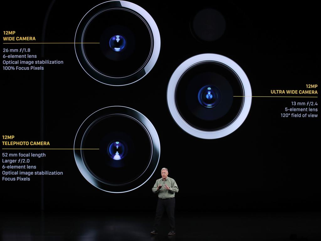 Apple's senior vice president of worldwide marketing Phil Schiller talks about the new iPhone 11 Pro at the launch. Picture: AFP