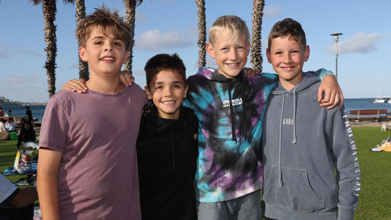 Levi, Chase, Alexander and Blake. Locals and visitors arrived early to get a good spot for the Geelong New Years Eve celebrations. Picture: Alan Barber